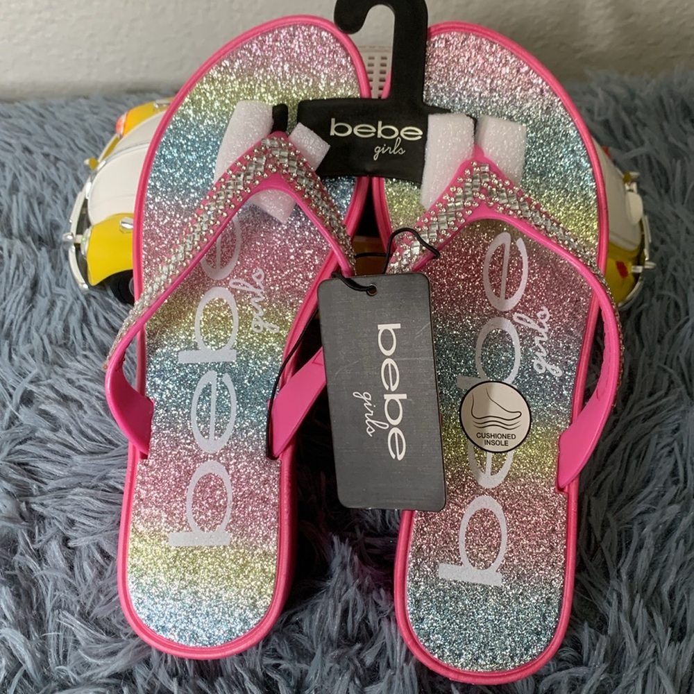 Bebe Girls’ Sandals, Sparkly Rhinestone Thong Flip Flops - Pink Multicolor